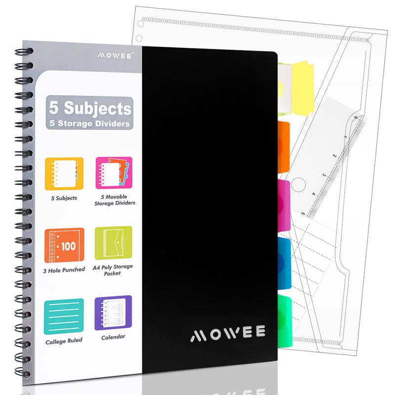 دفتر ملاحظات حلزوني من MOWEE - دفتر ملاحظات بخمسة أقسام، دفتر ملاحظات مسطر بثلاثة ثقوب مع فواصل، جيوب تخزين، مسطرة 11 بوصة، 200 صفحة، للكتابة اليومية، للمنزل والمكتب، لوازم مدرسية (أسود) - Image 1